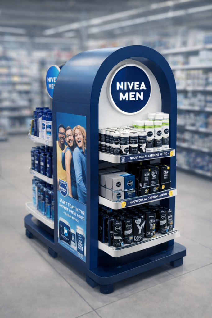 Referenza Nivea Espositore Nivea Men a 4 ripiani - Display ovale blu in metallo per skincare uomo