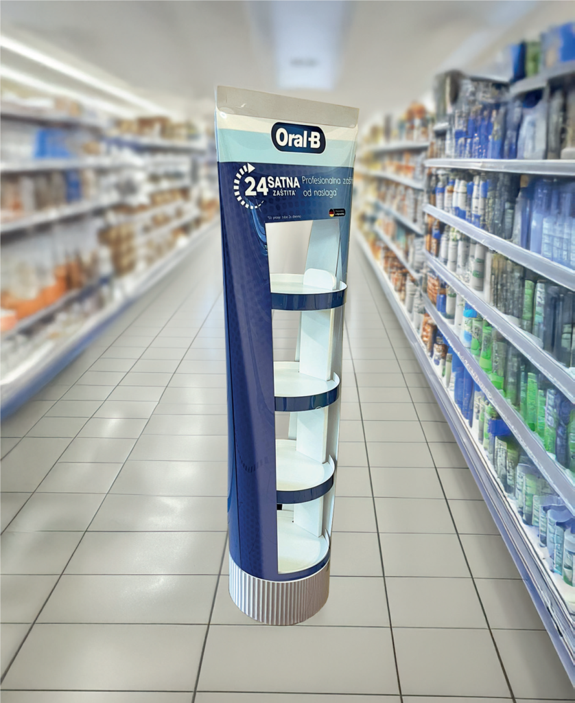 Espositore OralB in supermercato - Display torre blu 3 ripiani ambientato punto vendita