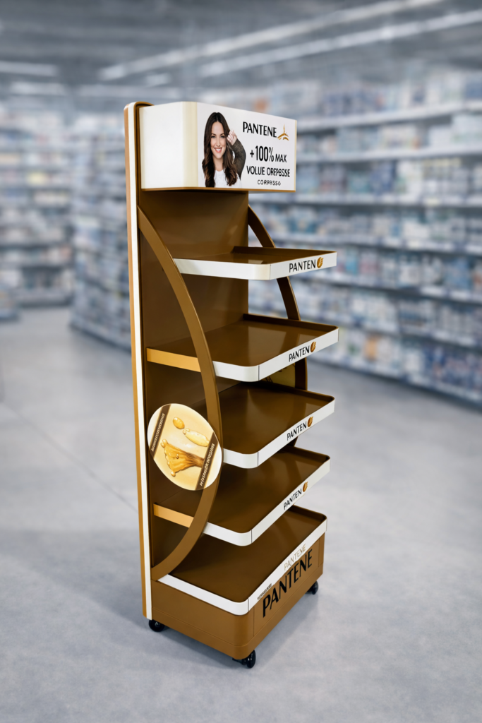Espositore Pantene a 4 ripiani in legno e metallo ambientato in supermercato